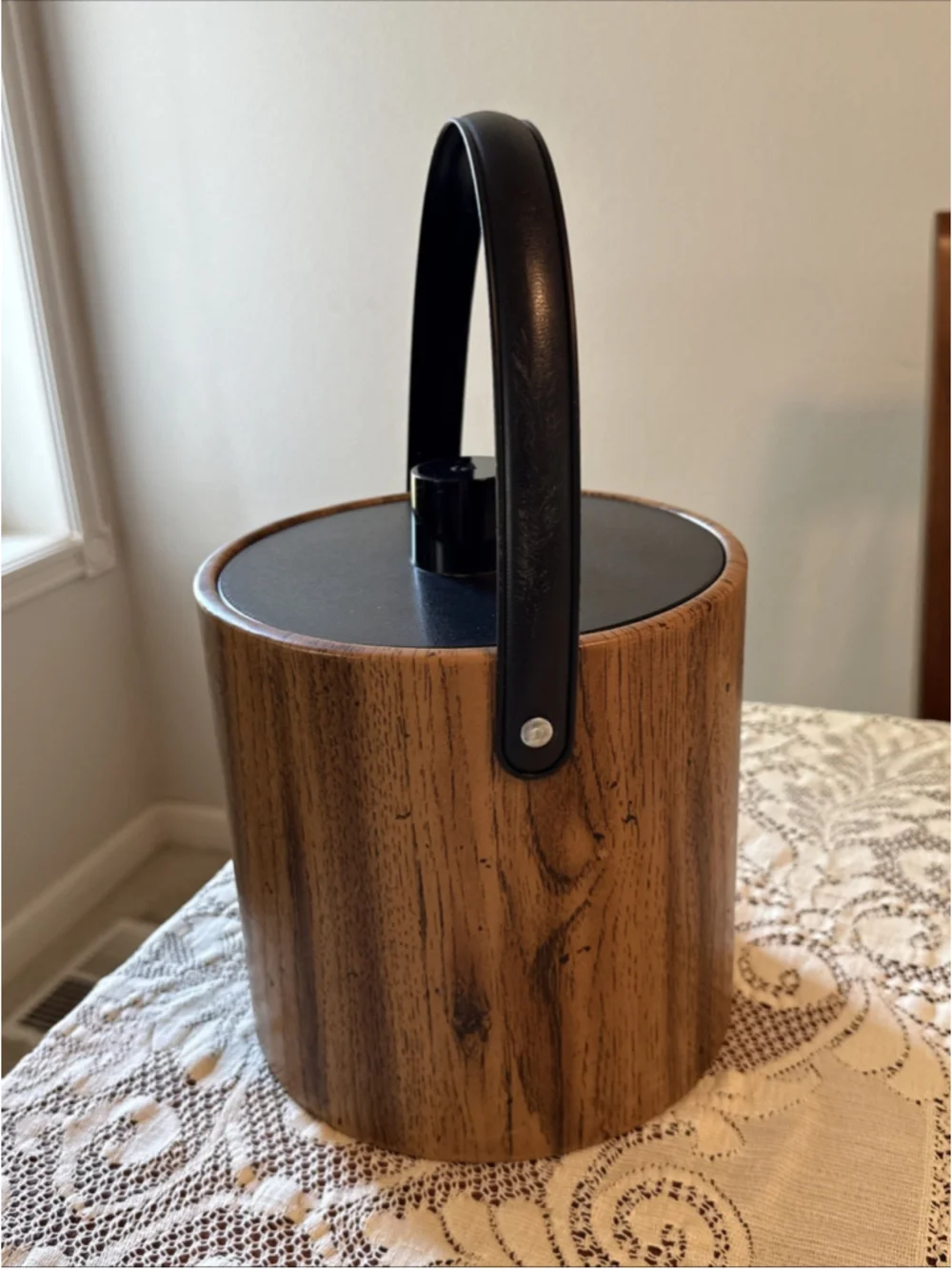 Vintage Irvinware Mid Century Modern Ice Bucket Faux Wood Grain Leather Barware